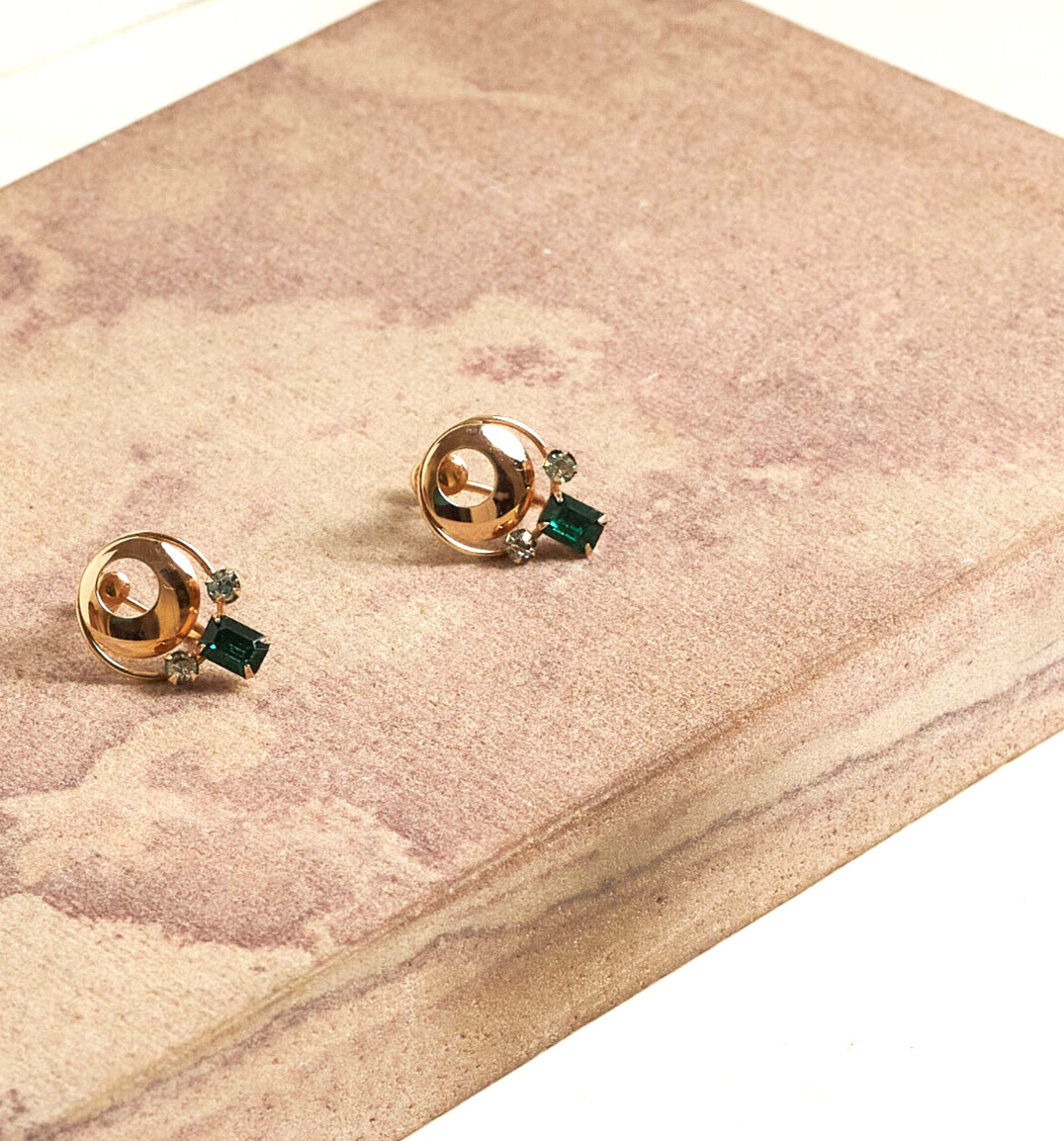 1940s/50s CARL MAYR CM 1/20 12K GF Green Clear Rhinestone Screw back Earrings