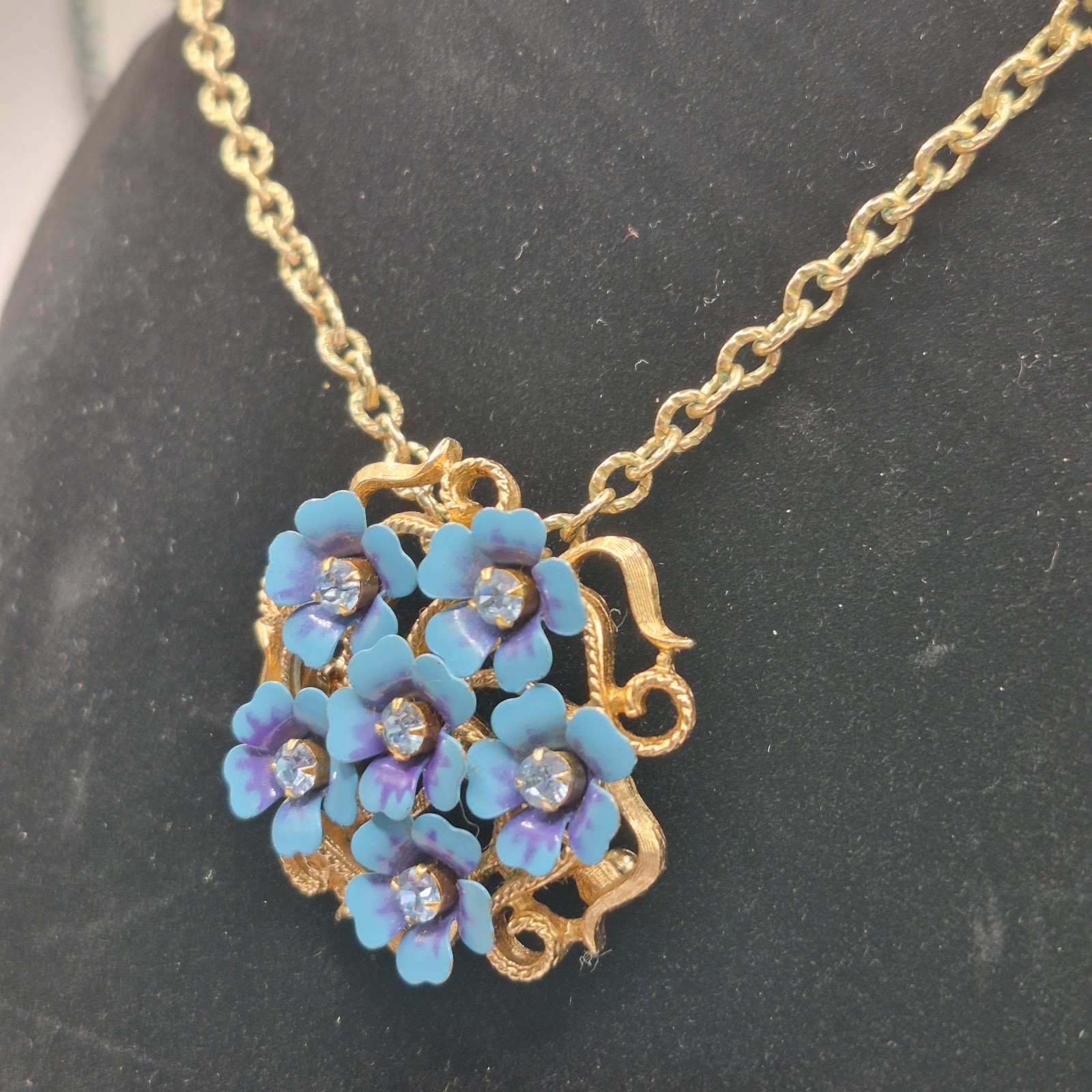 Vtg “Love Blossoms” Pendant/Brooch Rhinestone Convertible Purple Enamel Flowers