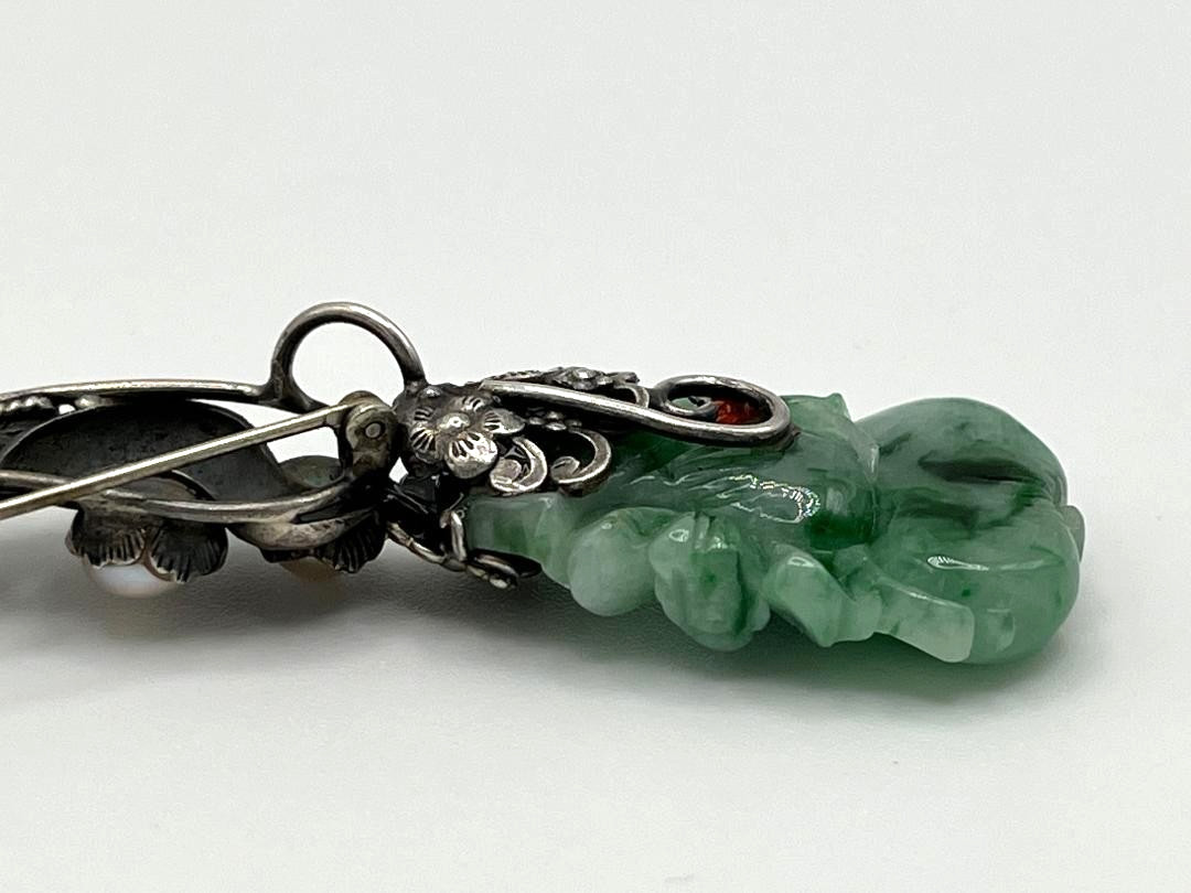 Estate Vtg Chinese Export Carved Green Jadeite Jade 925 Sterling Silver Brooch