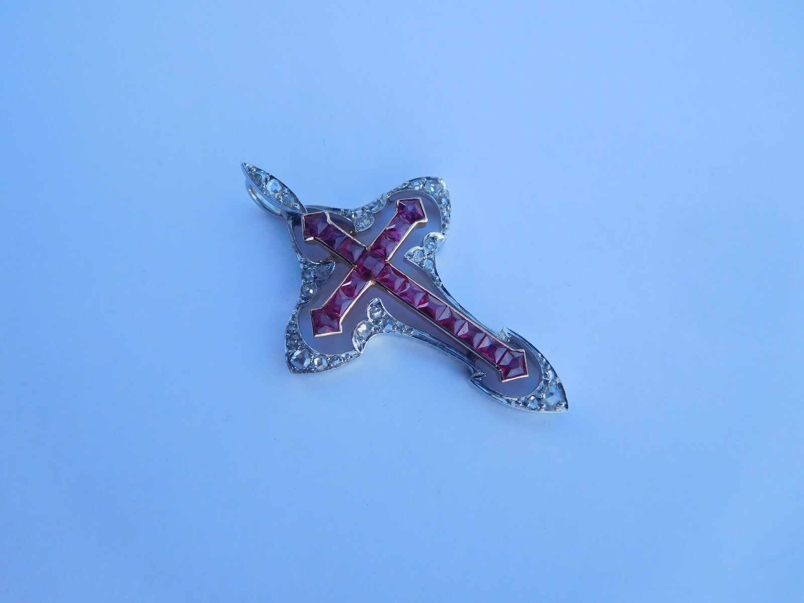 Belle Époque Art Nouveau 18K Rose Gold Platinum Diamonds Rubies Cross Pendant 🥀