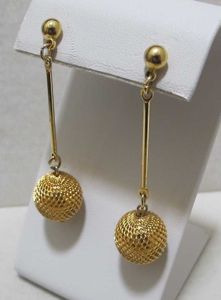 FISHNET Mesh Covered Gold Tone Bead Vertical Bar Dangle Post Earrings 2-3/8”