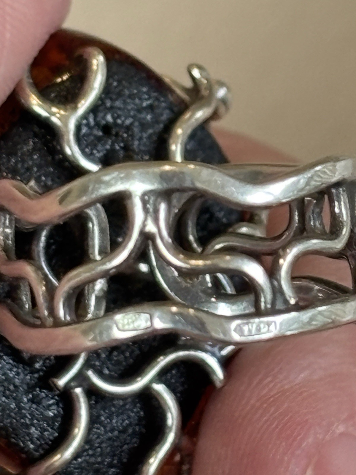 Vtg. HALLMARKED 925 Head Facing Right STERLING SILVER AMBER RING Hand Made 7