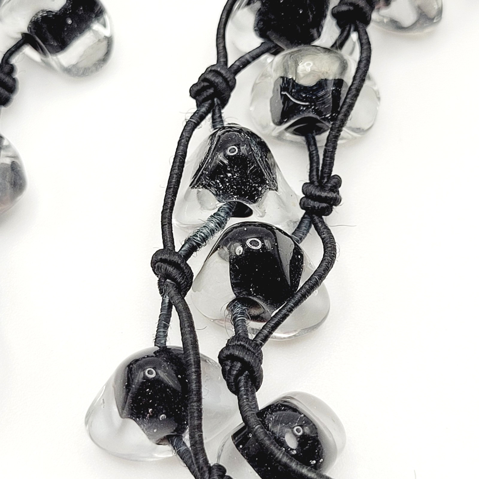 Art Glass Clear Ice Pebble Bead Hand Knot Black Thread Single Strand Necklace