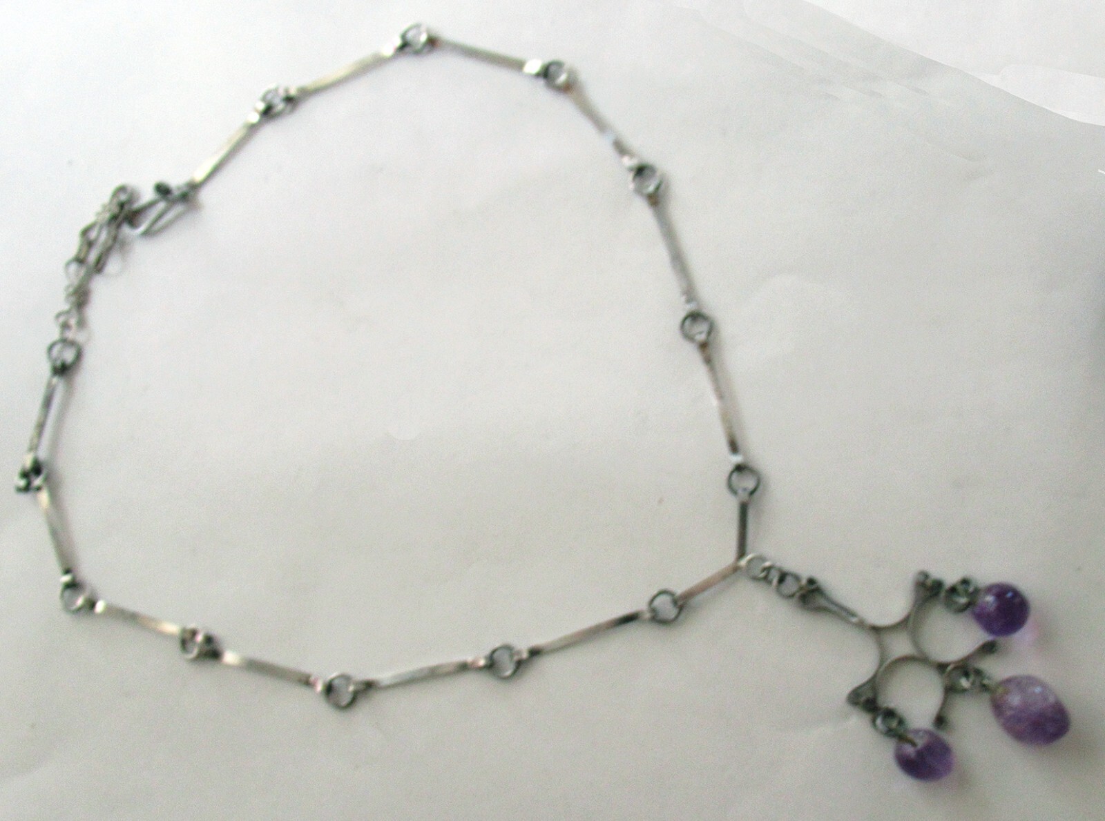 HANDMADE STERLING MODERNIST NECKLACE w AMETHYST, 2 3/8″ PENDANT, 18 INCHES