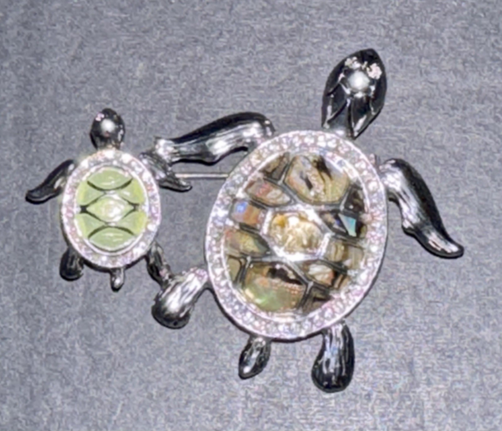 Vintage Napier Mom & Baby Turtle Pin Brooch Silver Tone Abalone Rhinestone Eyes
