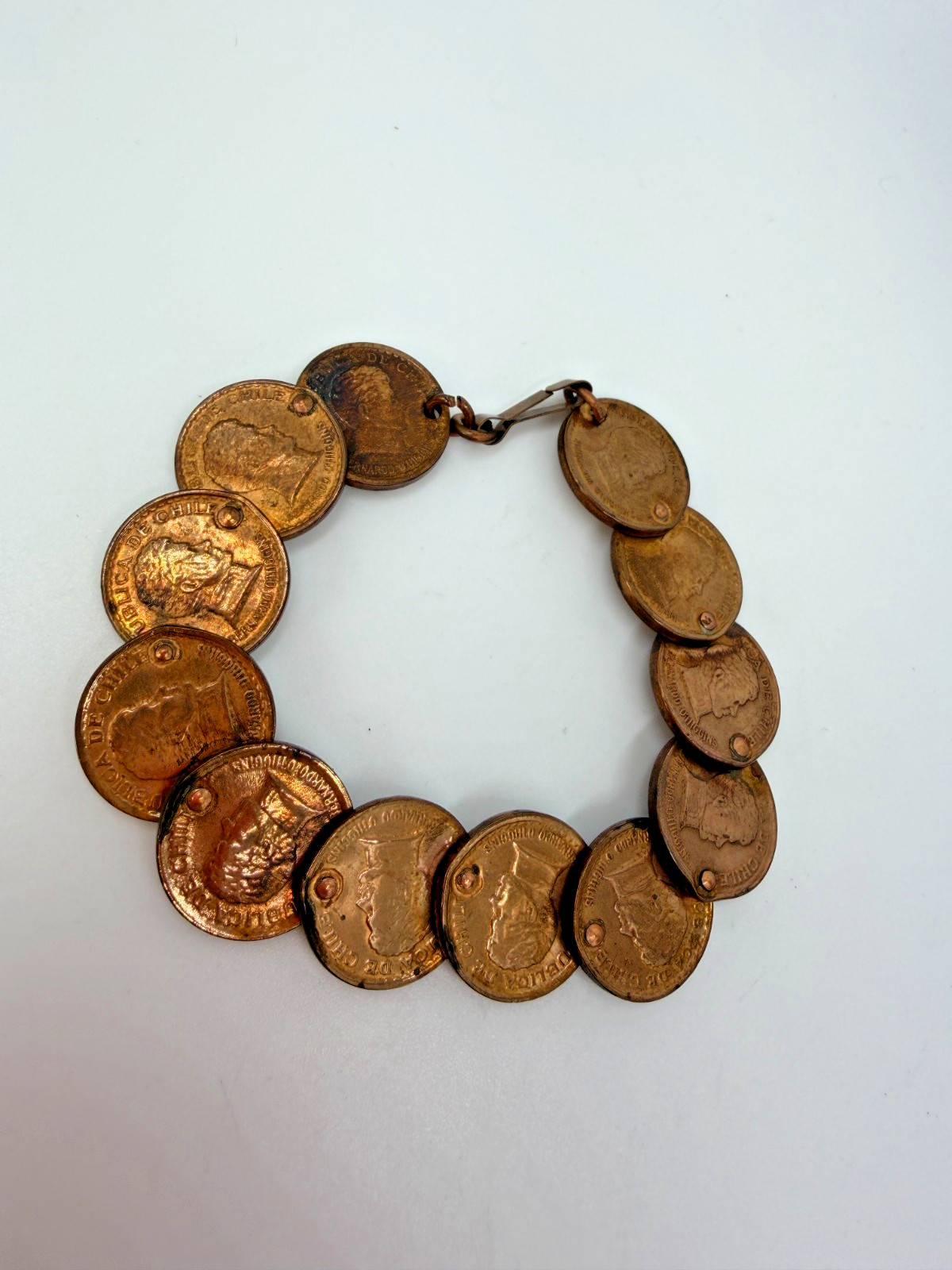 Vintage Bracelet Copper Coin Chain Link 7 Inches Chile Foreign PJ
