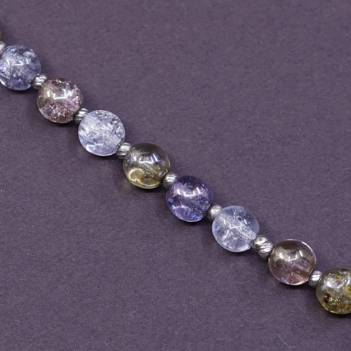 7″, vtg Sterling silver handmade chain crystal beads bracelet w/ toggle closure
