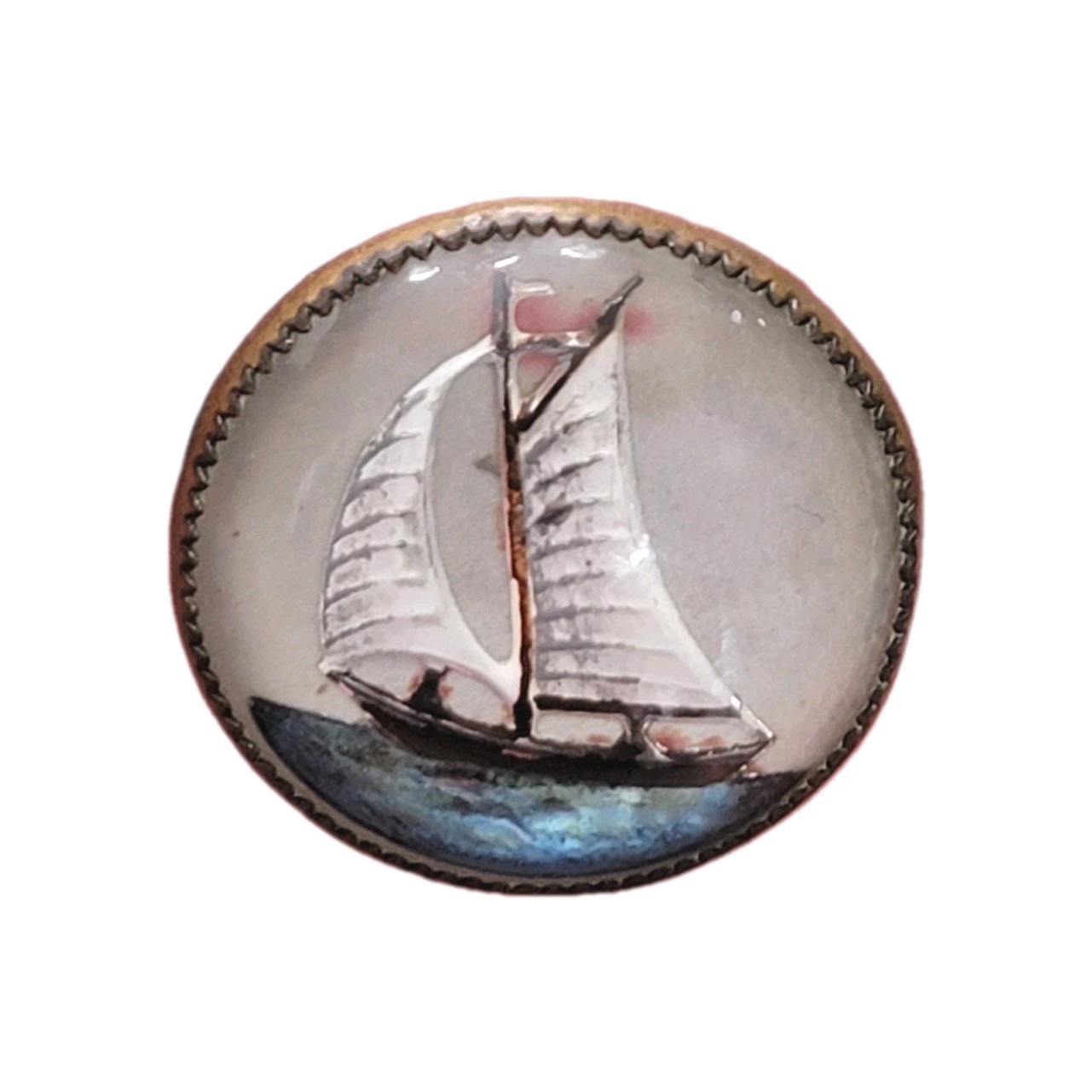 ANTIQUE Bubble DOMED Glass BRIDLE BROOCH REVERSE PAINTED Ship Maritime Oceanic