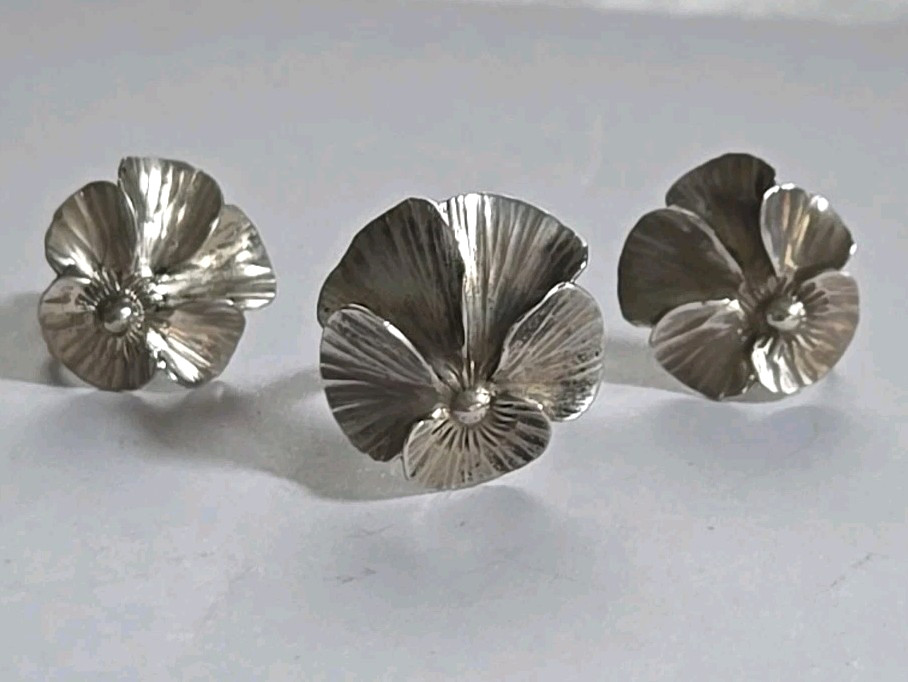 Vintage Sterling Silver Stuart Nye Pansy Screw Back Earrings and Ring Set