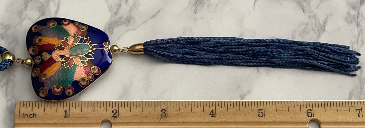 Blue Cloisonne Double Sided Peacock Pendant Necklace Tassel MM-39