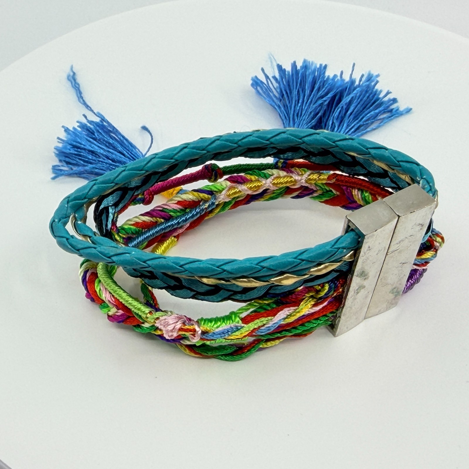 Vintage Blue Teal Multi Strand Braided Wrap Bracelet Tassels Magnetic Clasp Boho