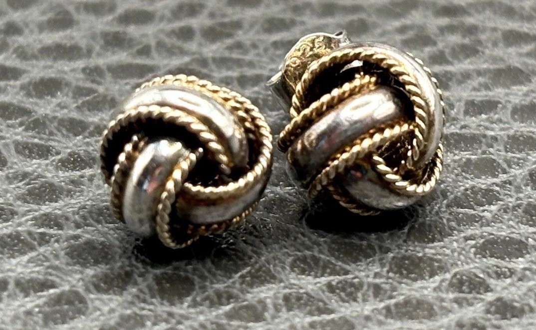Vintage Two-Tone Sterling Silver 925 Twisted Rope Ball Love Knot 8.4MM Earrings
