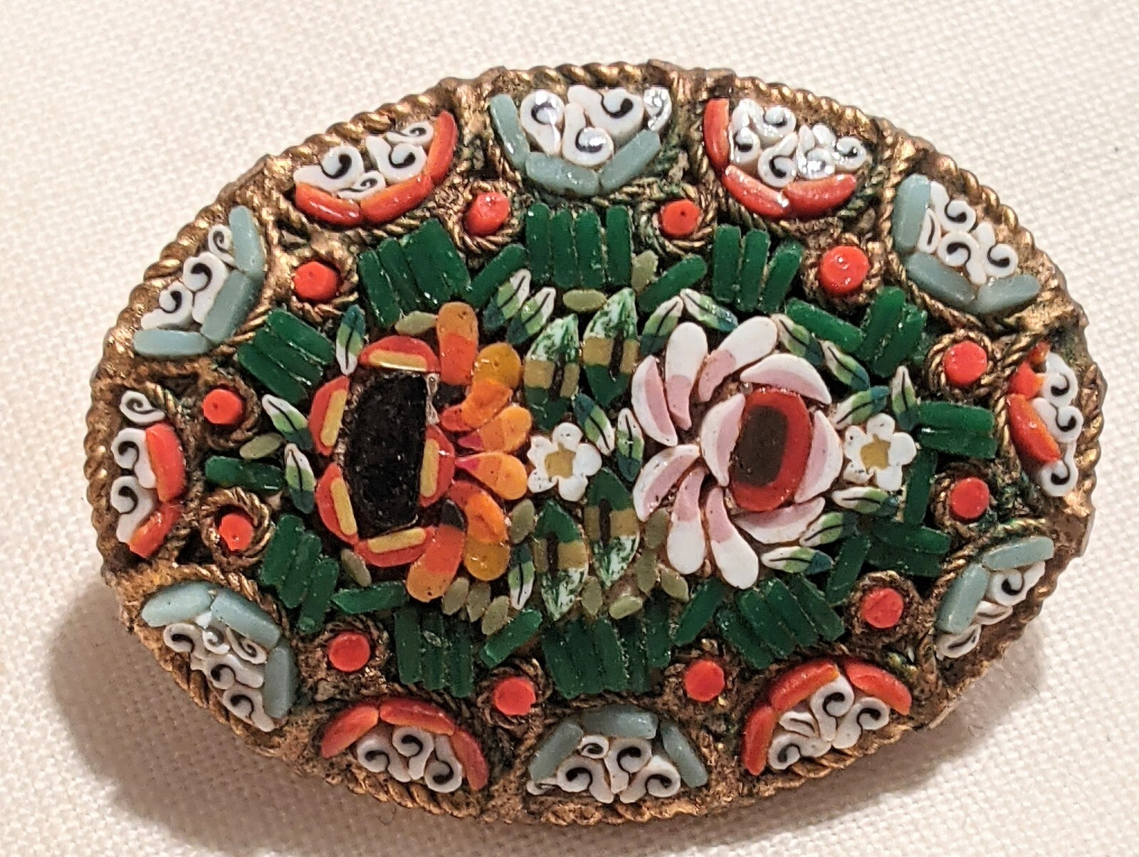 Victorian Micro Mosaic Brooch Signed Made In Italy Pin Floral Bouquet Oval