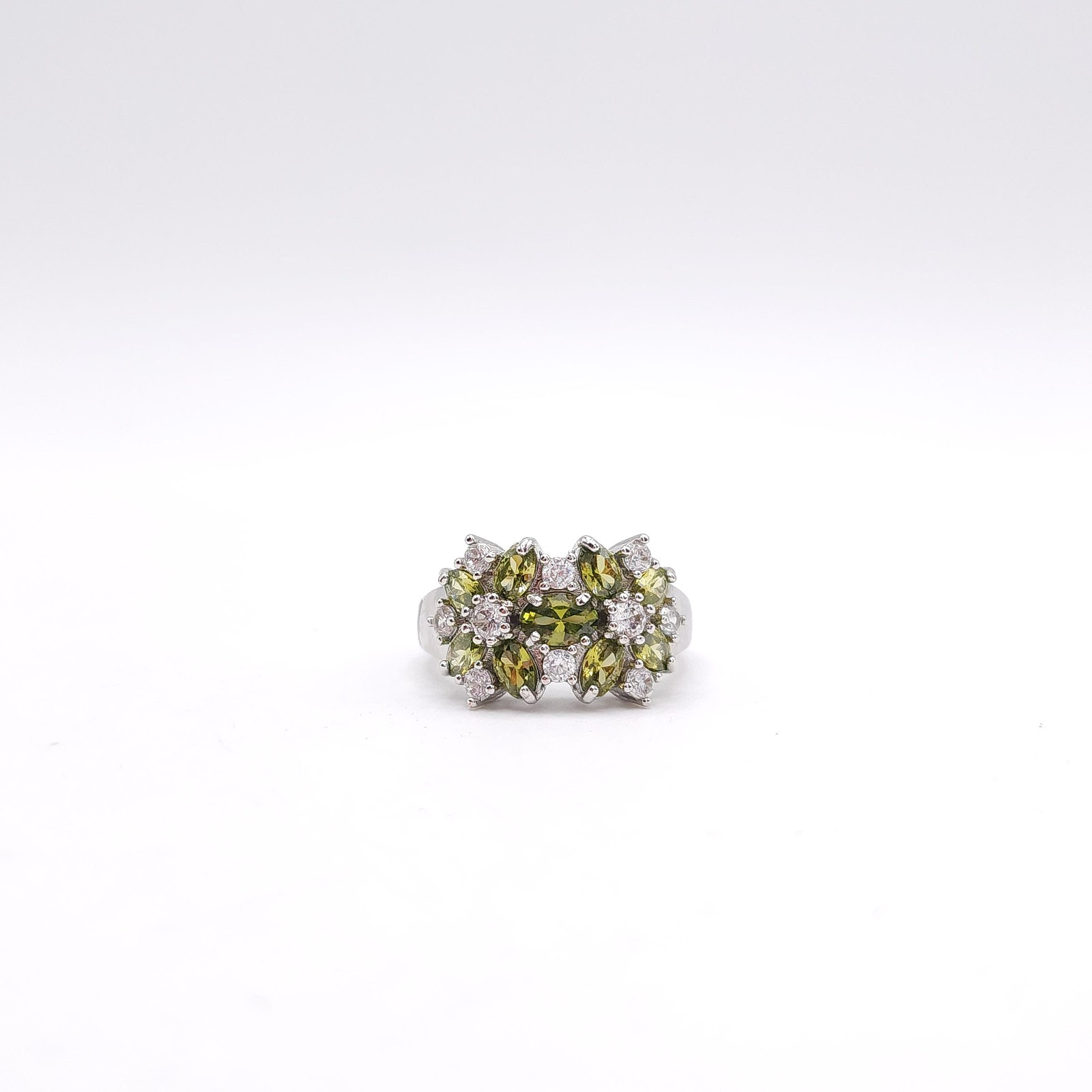 Sterling Silver 925 Green CZ Floral Cluster Ring Daisy Statement Vintage