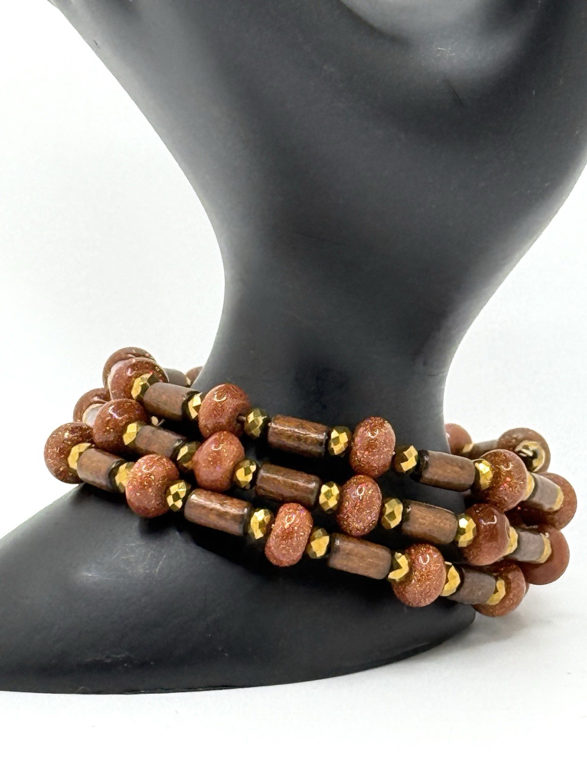 Vintage Bracelet Wood Goldstone Gemstone Wired Wrap Multi-strand Bohemian Boho