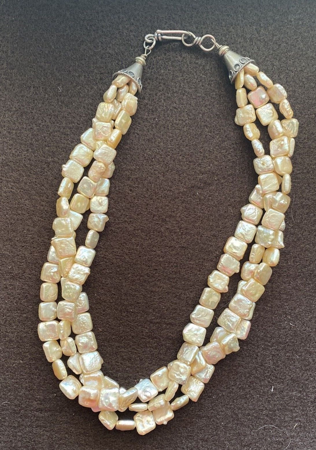 lridescent Off White Square Pearl Multi Strand Necklace Sterling Cones Clasp 19″