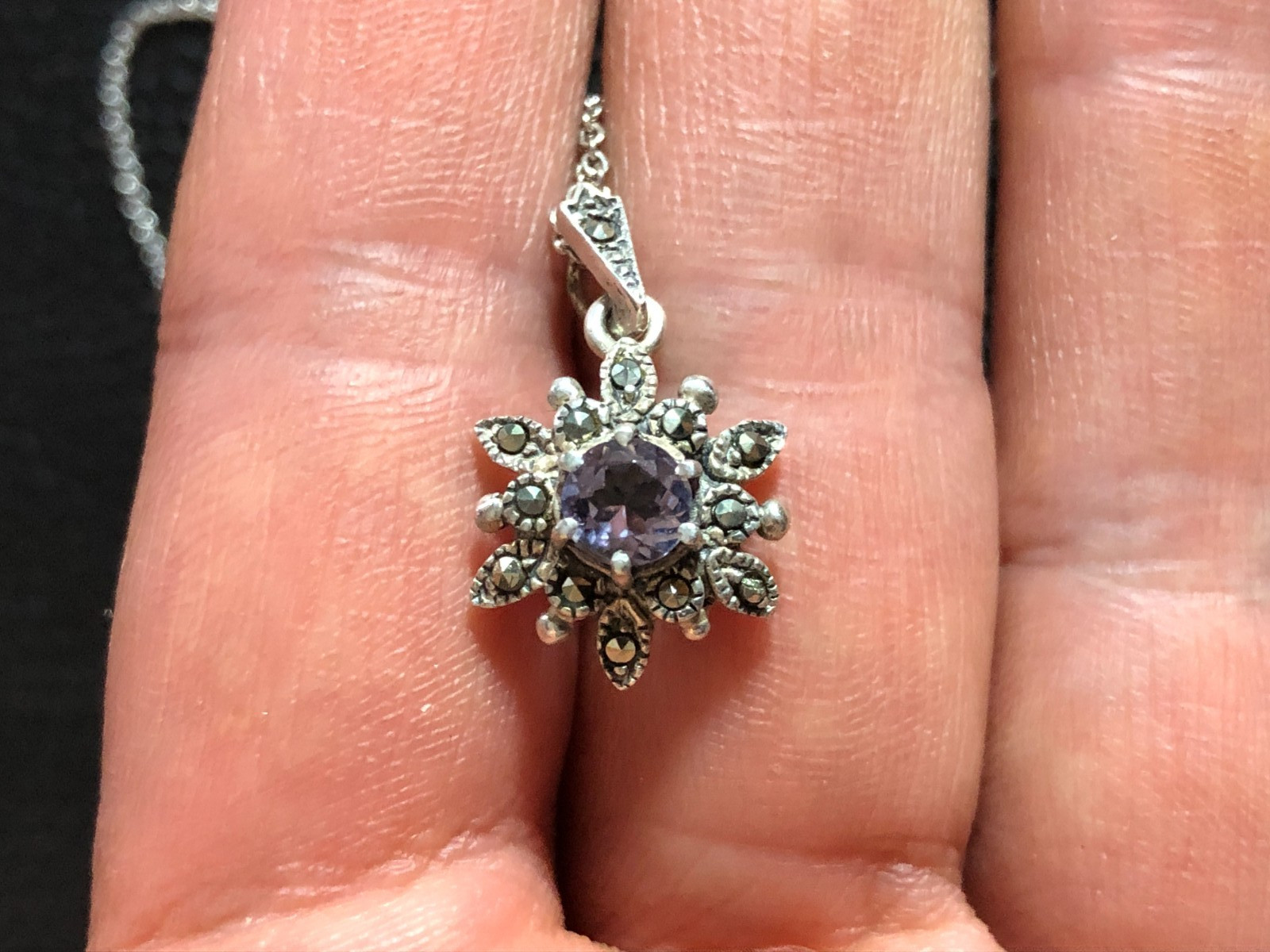 Vintage Sterling Silver Amethyst Marcasite Flower Necklace 925 Natural 16″ 6086