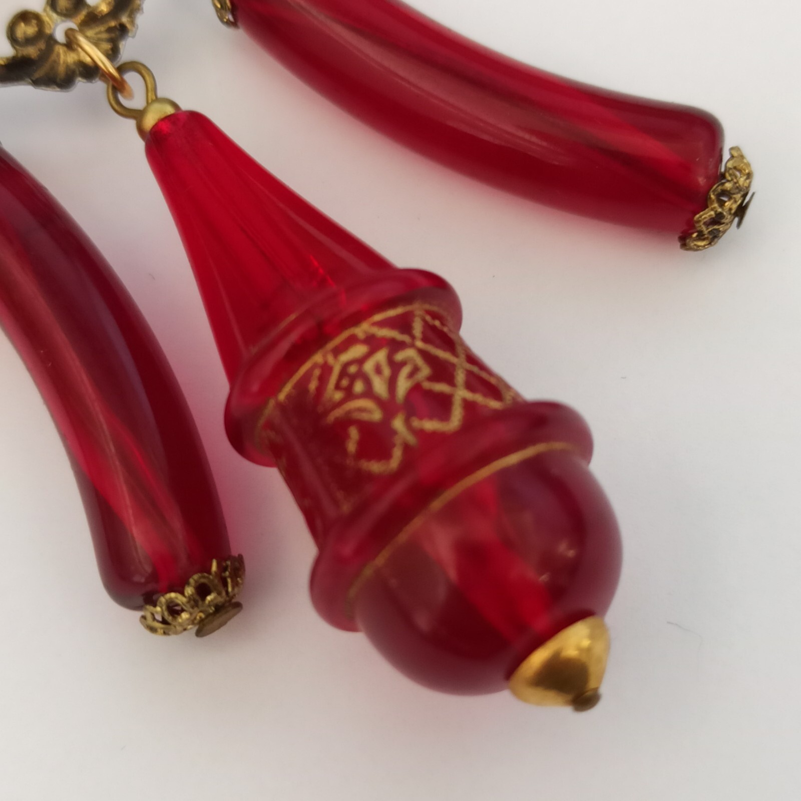 Vintage Red Necklace Rosary Beaded Tassel Long Lucite Art Deco Revival 23″ Boho