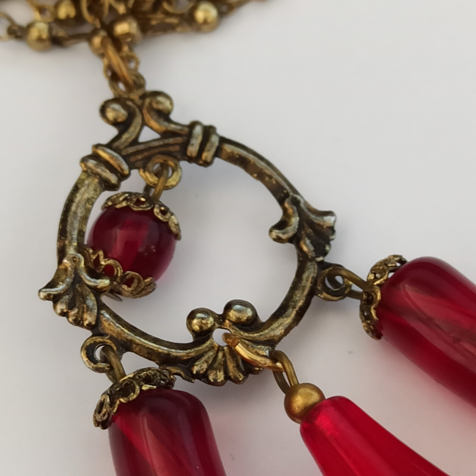 Vintage Red Necklace Rosary Beaded Tassel Long Lucite Art Deco Revival 23″ Boho
