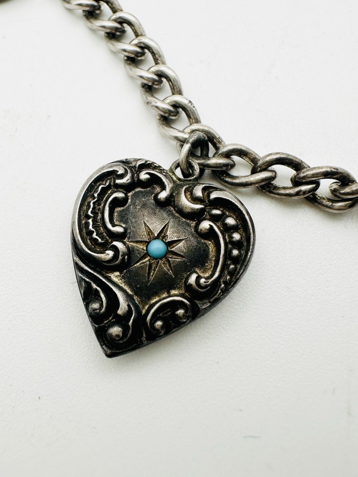 Antique Victorian Sterling Silver Puff Heart Charm Bracelet 7.5”