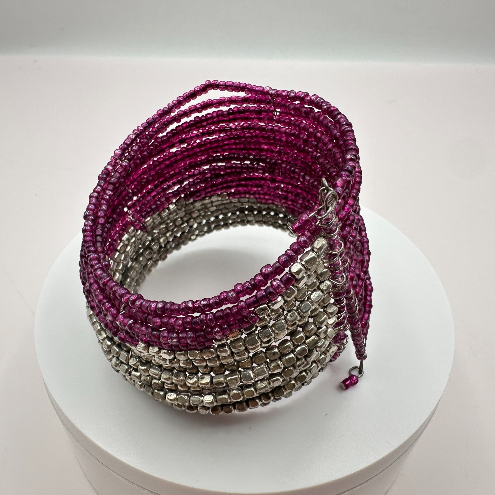 Vintage 90s Magenta Pink &Silver Seed Bead Multi-Strand Wrap Cuff Bracelet Boho