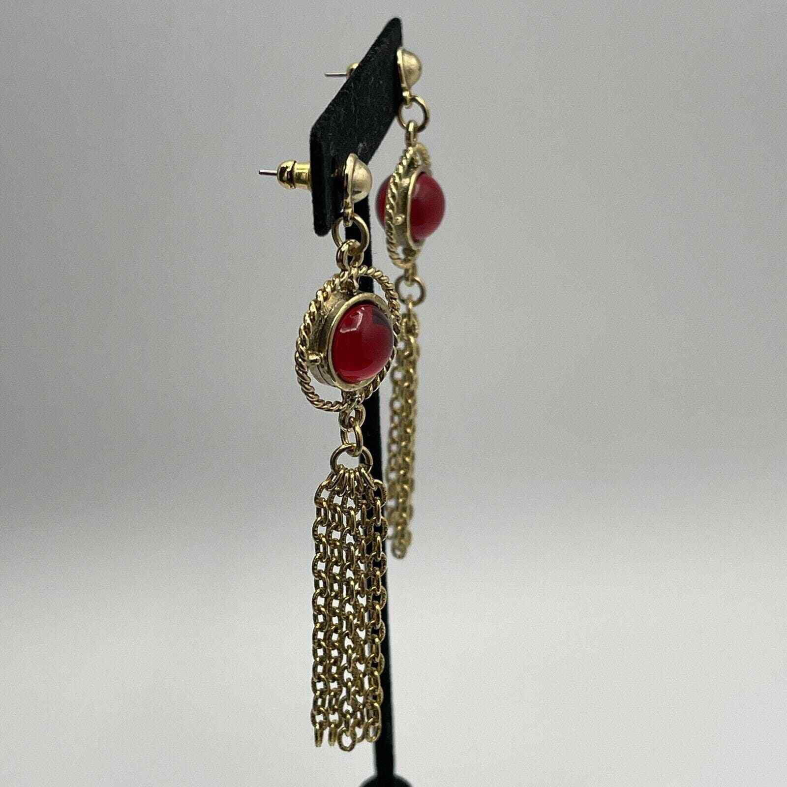 Red Gripoix Style Poured Glass Cabochon Gold Tone Fringe Tassel Earrings 3.25”