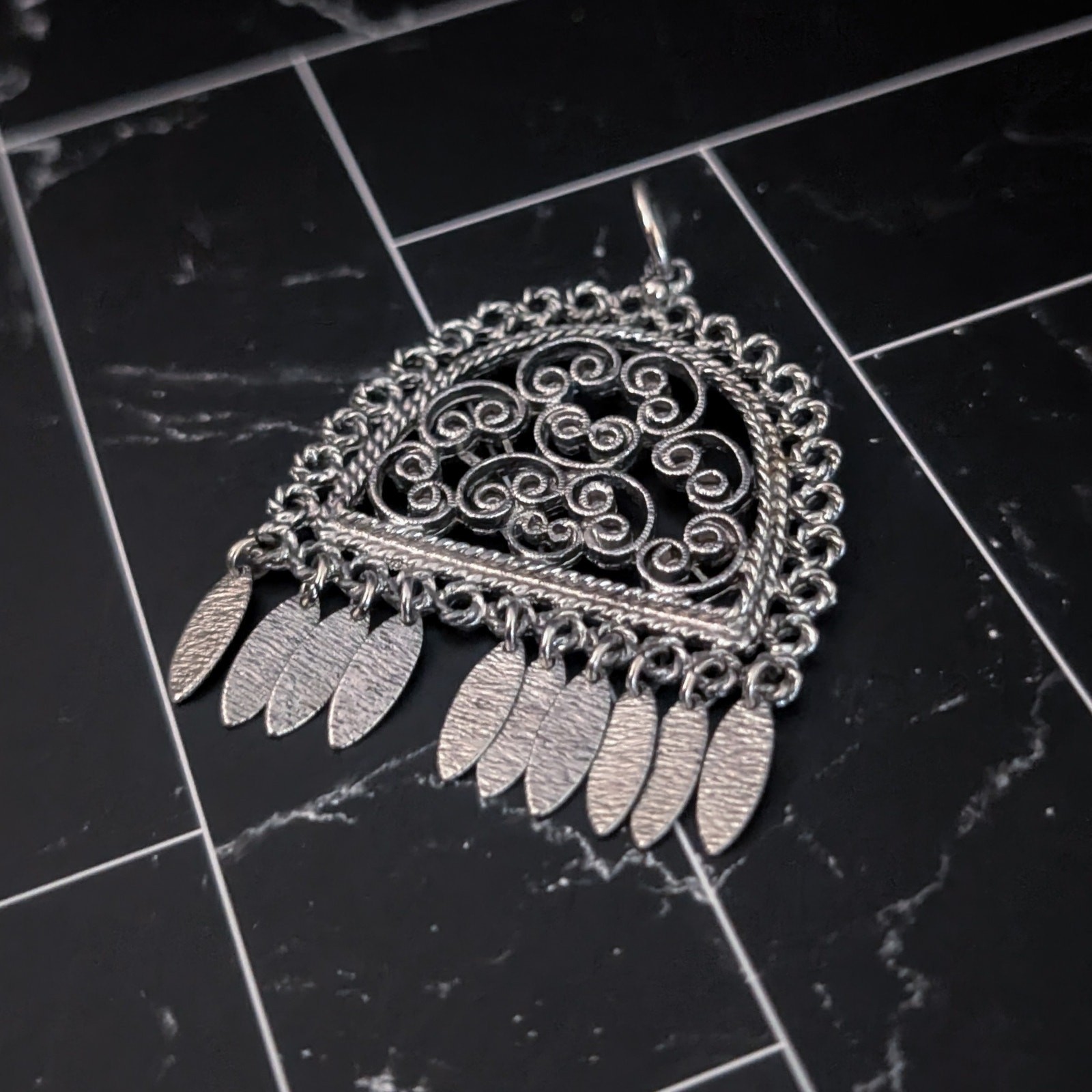 Vintage Pendant Large Ornate Silver Tone – No Chain Included – Dangle Missing