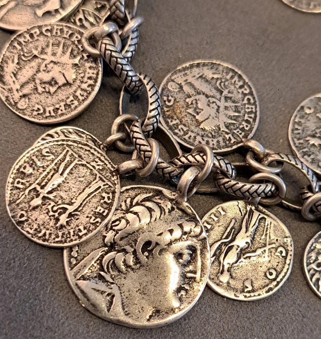 Silpada Sterling Silver Roman Coin Cha Cha Charm Bracelet 8″ Adjustable 66 grams