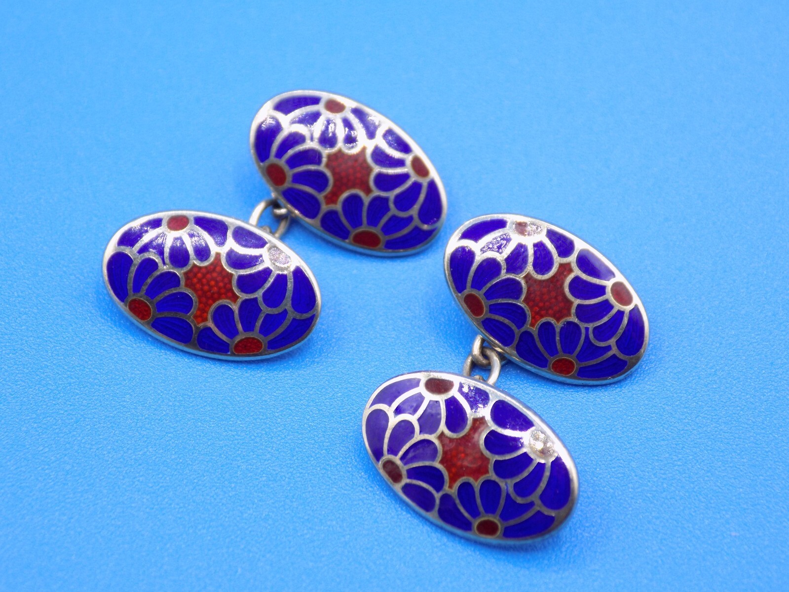VINTAGE STERLING SILVER ENAMEL GUILLOCHE ENGLAND H & V HEWETT & VOLLER CUFFLINKS