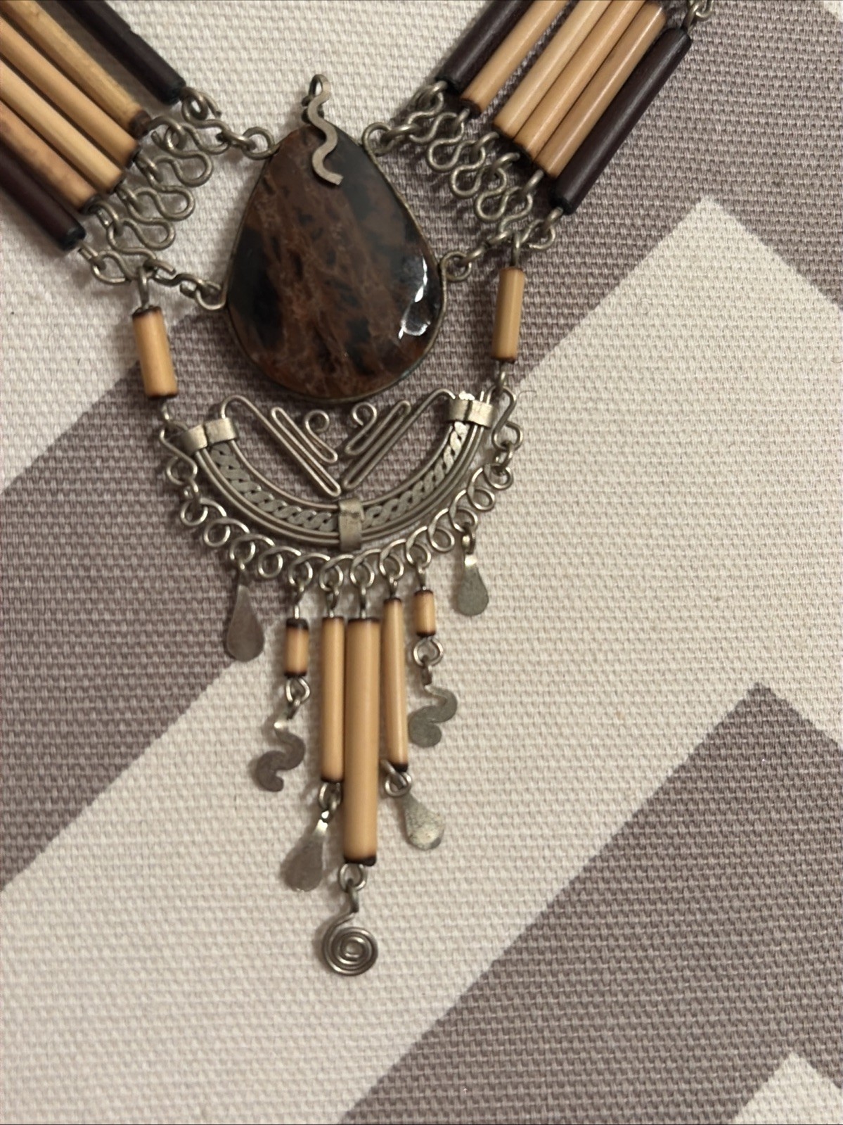 Vintage Handmade Choker necklace bamboo beaded black brown stone Snake Bail