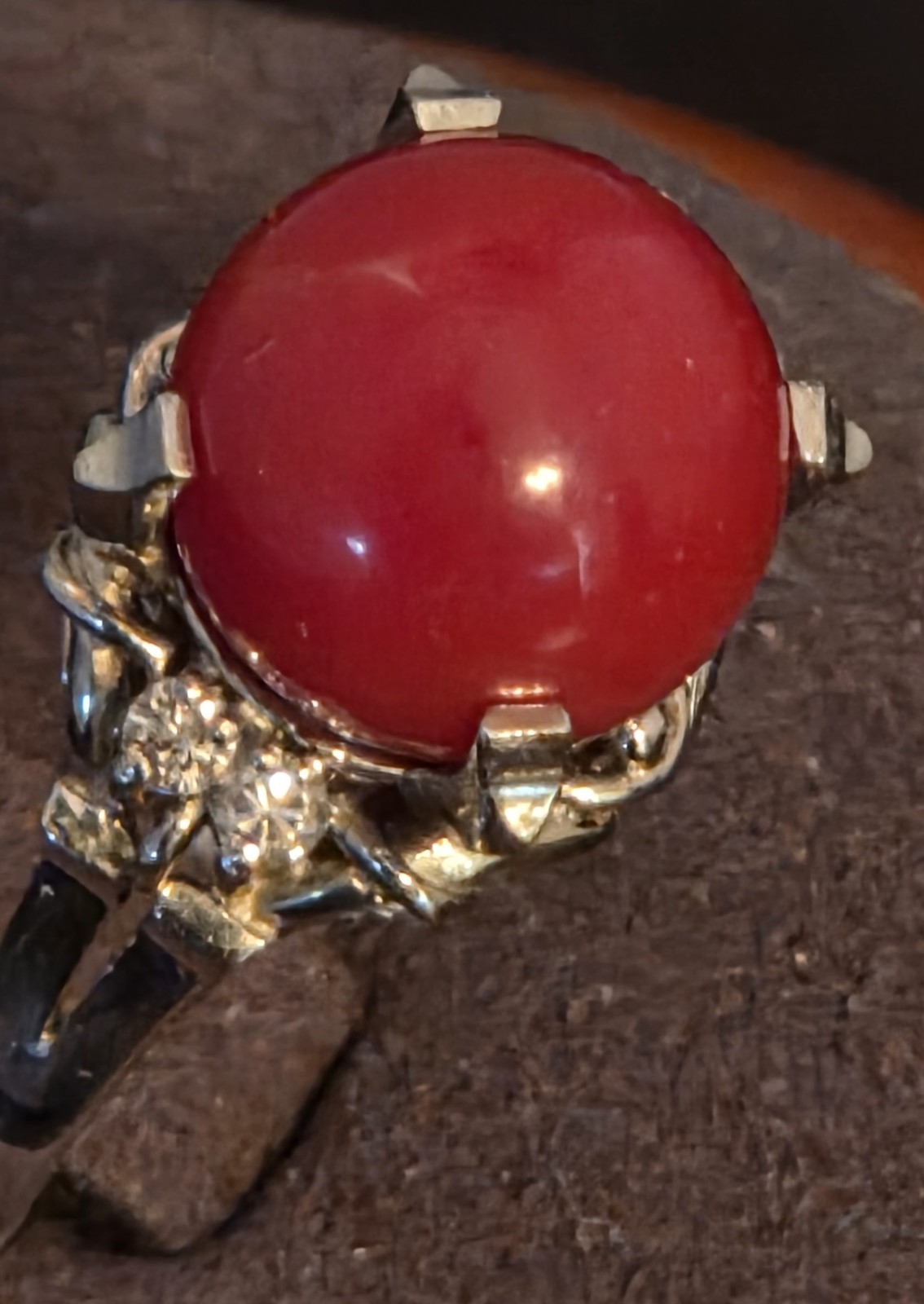 Antique 19th Century 900 Platinum Natural Coral & Diamonds Ring Sz 5-3/4