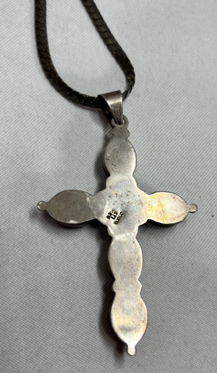 Vtg ATI Mexico Sterling Silver 925 MOP Cross Pendant, Snake Style Necklace 34 gr