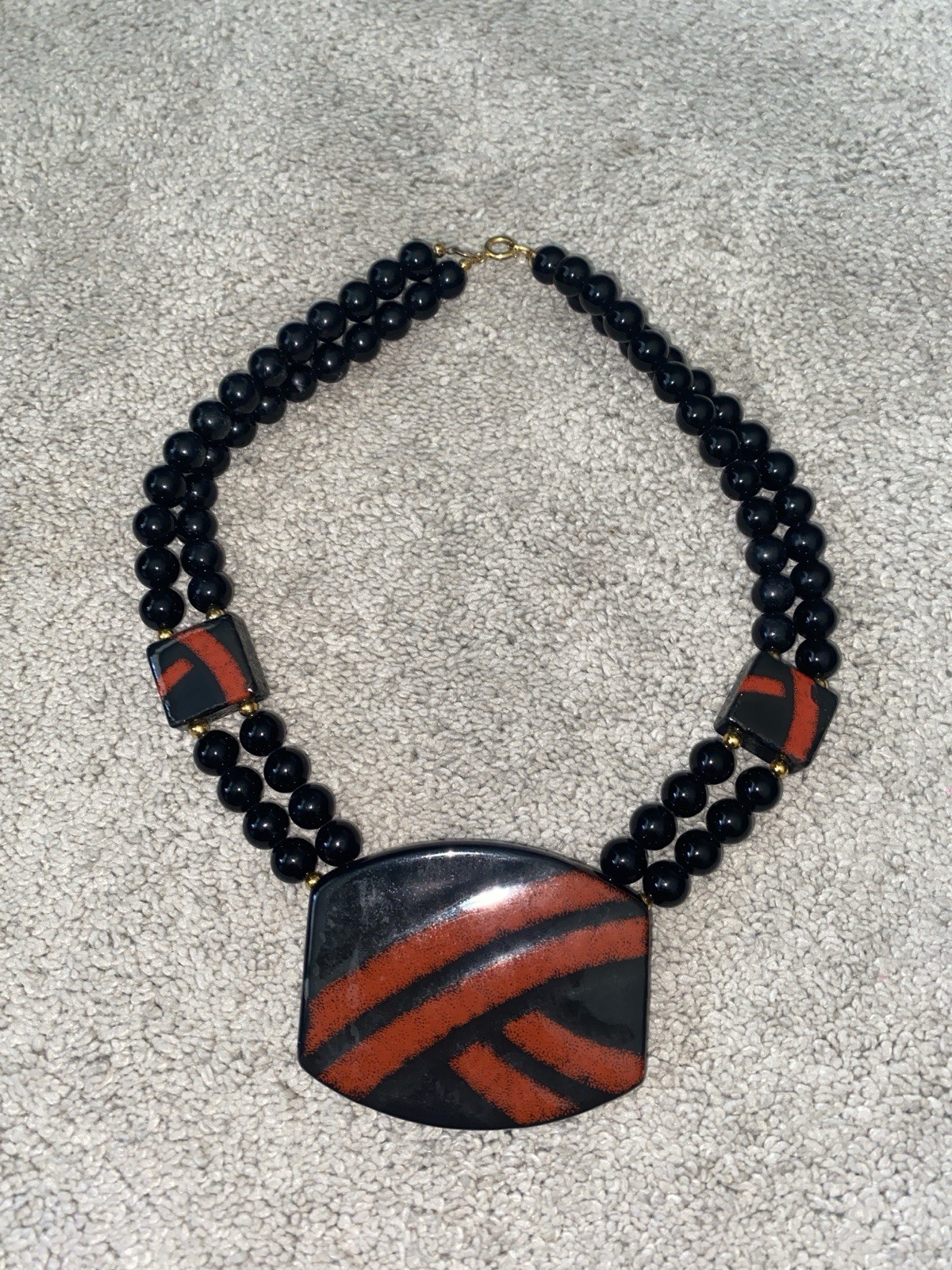VTG Japan Beaded Statement Necklace Red Black Ceramic Pendant