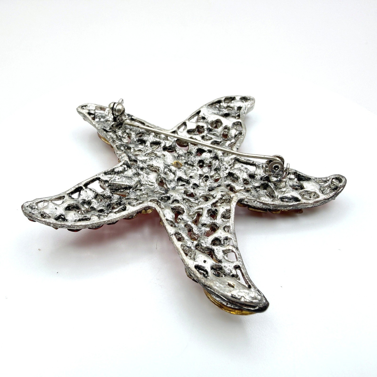 Vintage Red Yellow Rhinestones Silver-Tone Aluminium Starfish-Shaped Brooch Pin