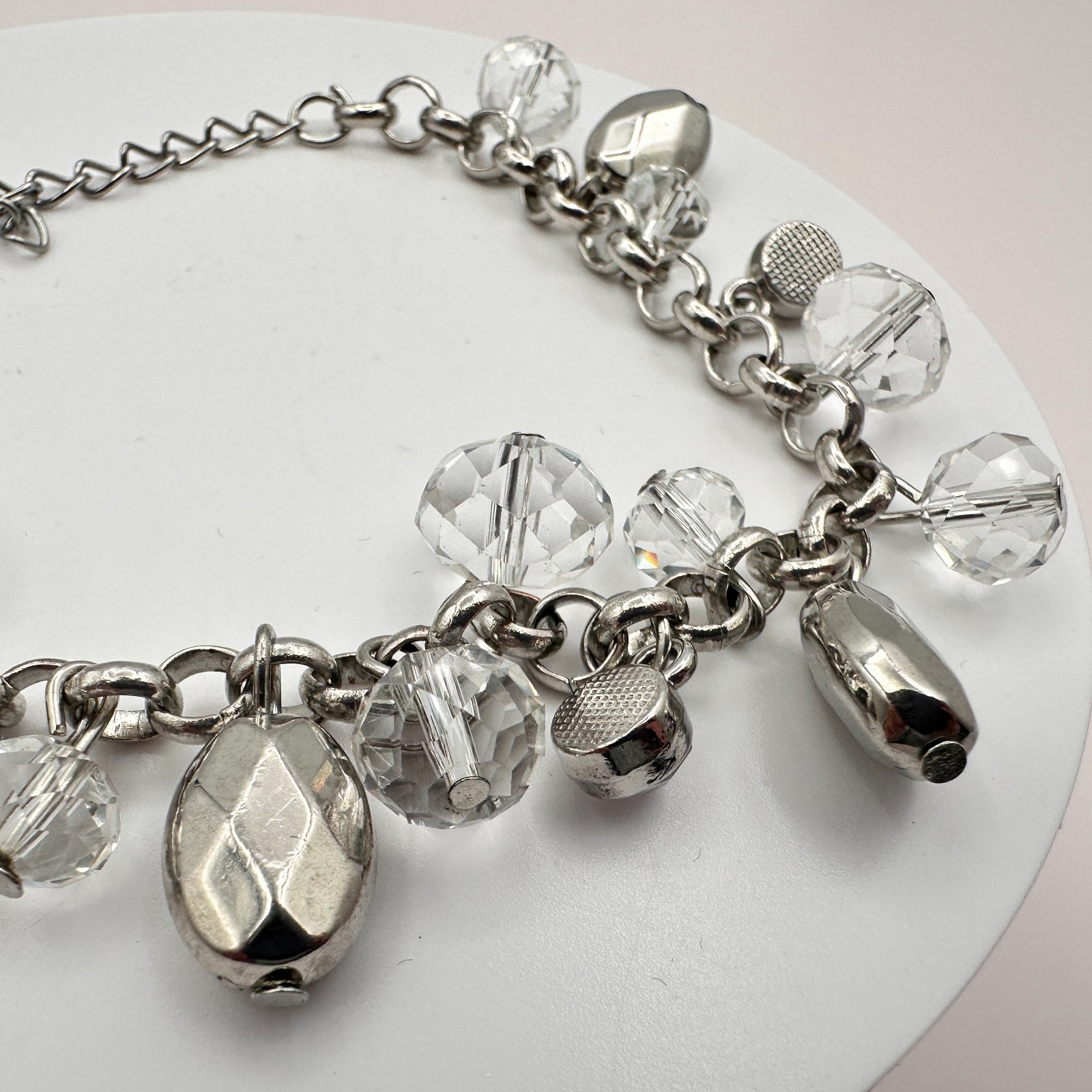 Vintage Y2K Silver Tone Faceted Beaded Charm Bracelet Women’s Classic Jewelry