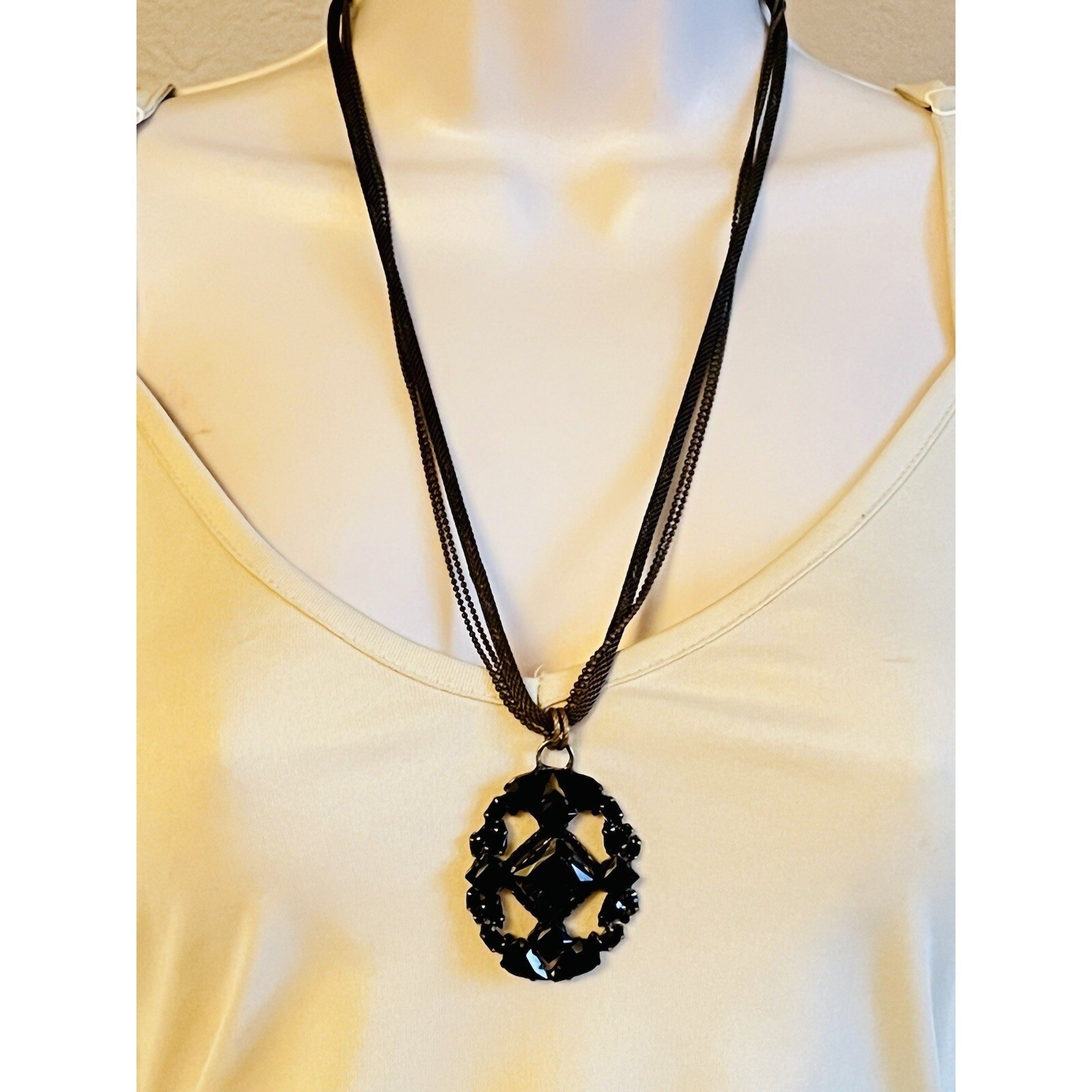 Vtg Victorian Goth Necklace Bronze Metal Crystal Rhinestone Mesh Chain 80s