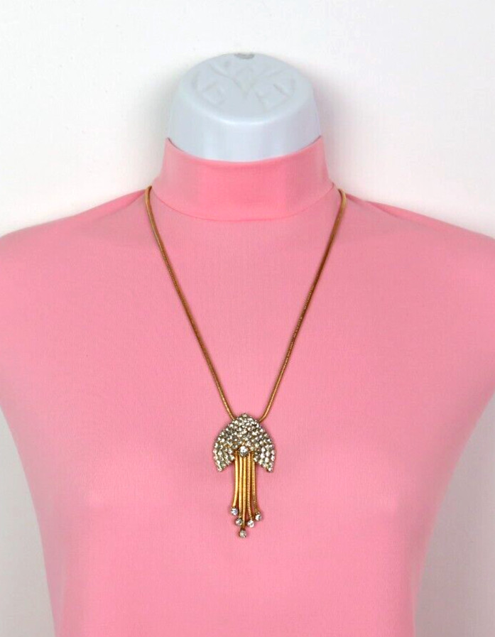 VTG 1930s – 1950s ART DECO GOLDEN CRYSTAL 5 DANGLER PENDANT NECKLACE 22 3/8″