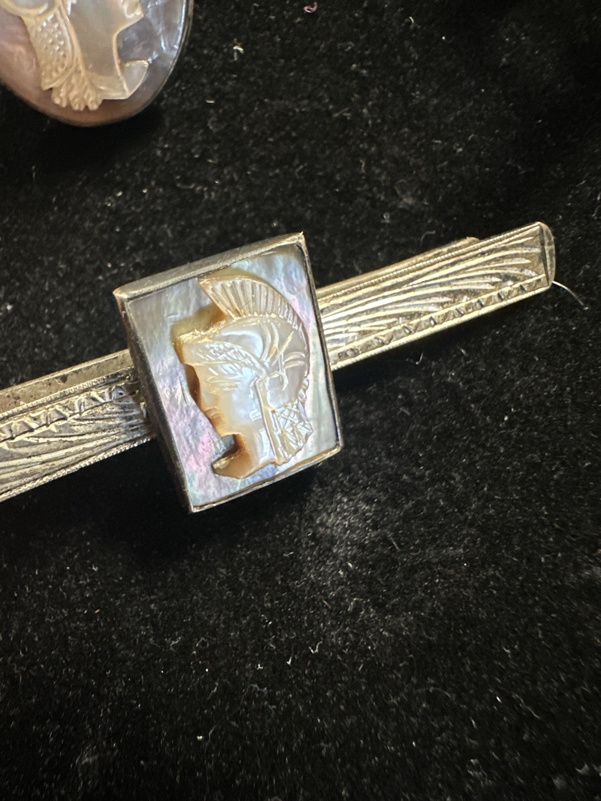 Vintage Handcarved Abalone Cameo ROMANSOLDIERS Sterling Tie Clip & Cufflink Set