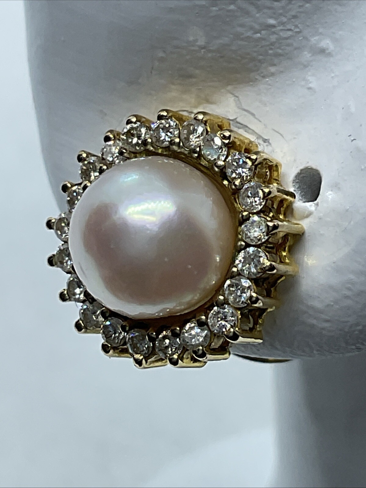 VINTAGE HANDMADE Solid 12K Yellow Gold Pearl & Diamond HALO Style STUD Earrings