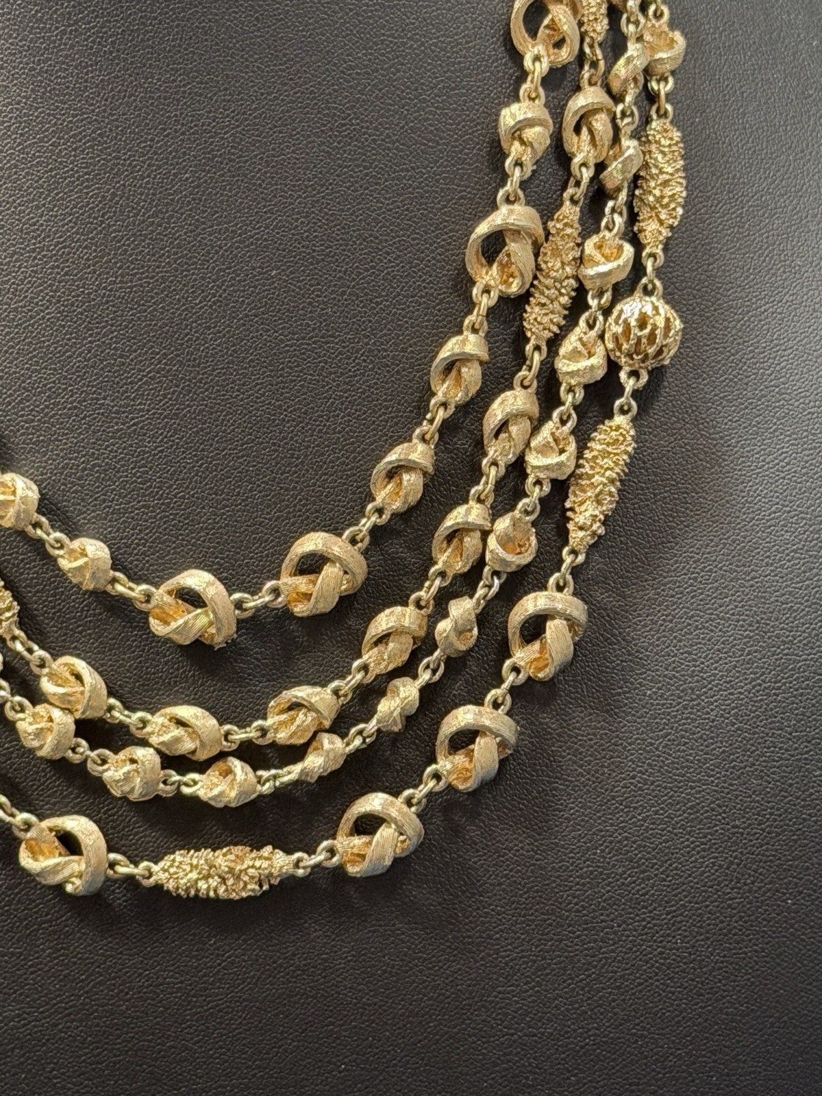 Vintage Knot Filigree Bead Necklace Multi Strand Beaded Gold Tone Acorn Hook