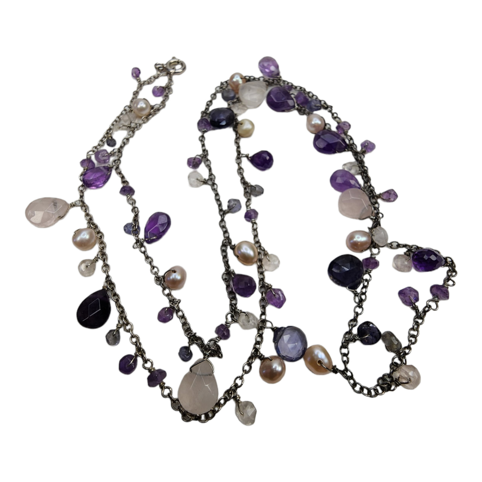 Sterling Silver 925 Necklace Faceted Amethyst Clear Quartz Pearl Beaded Dangle