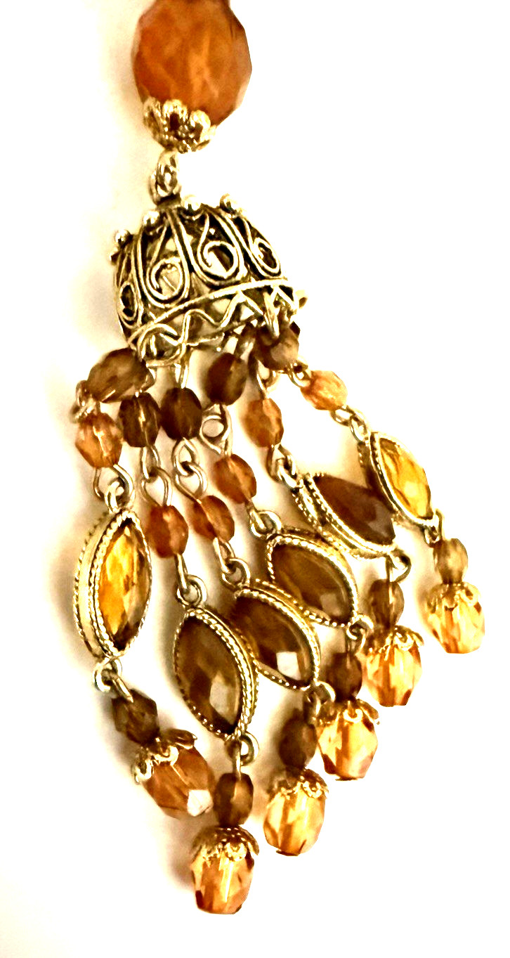 Vintage Robert Rose Gold Tone Amber Honey Beaded Lariat Style Pendant Necklace