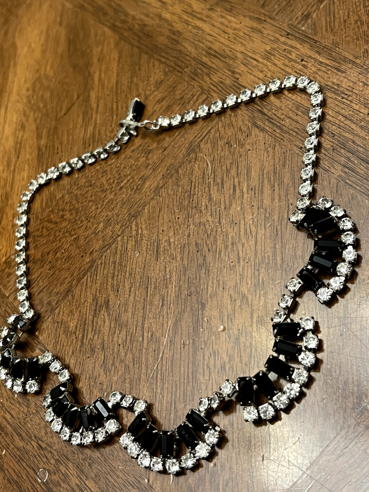 Vintage Coro Necklace Silver Tone Black & Clear Rhinestones Sparkly Signed!