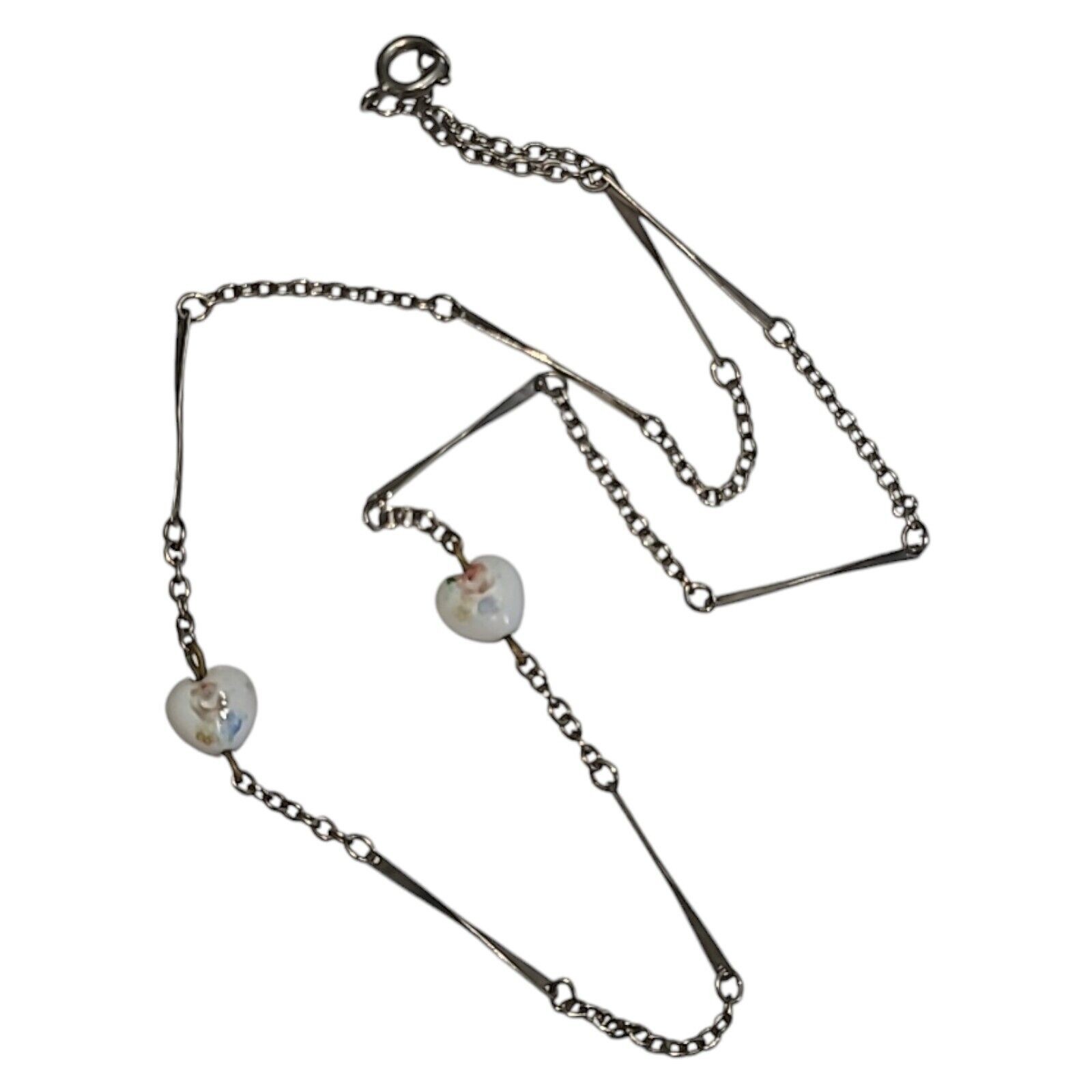 Vintage silver tone Bar Link Chain White Ceramic Hearts Station Necklace 17″