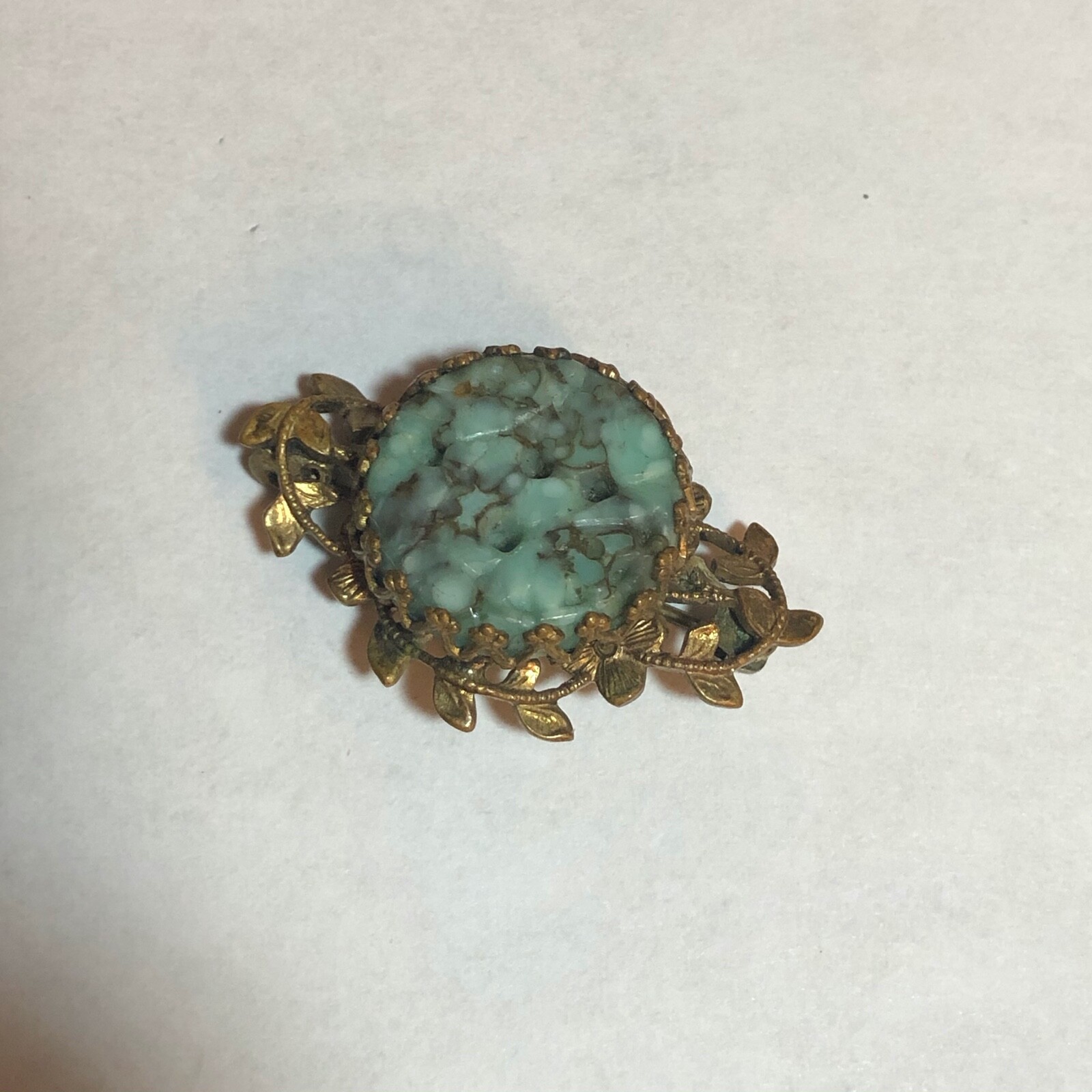 Vintage Gold Metal Jade, Agate, or Soapstone Pin or Brooch