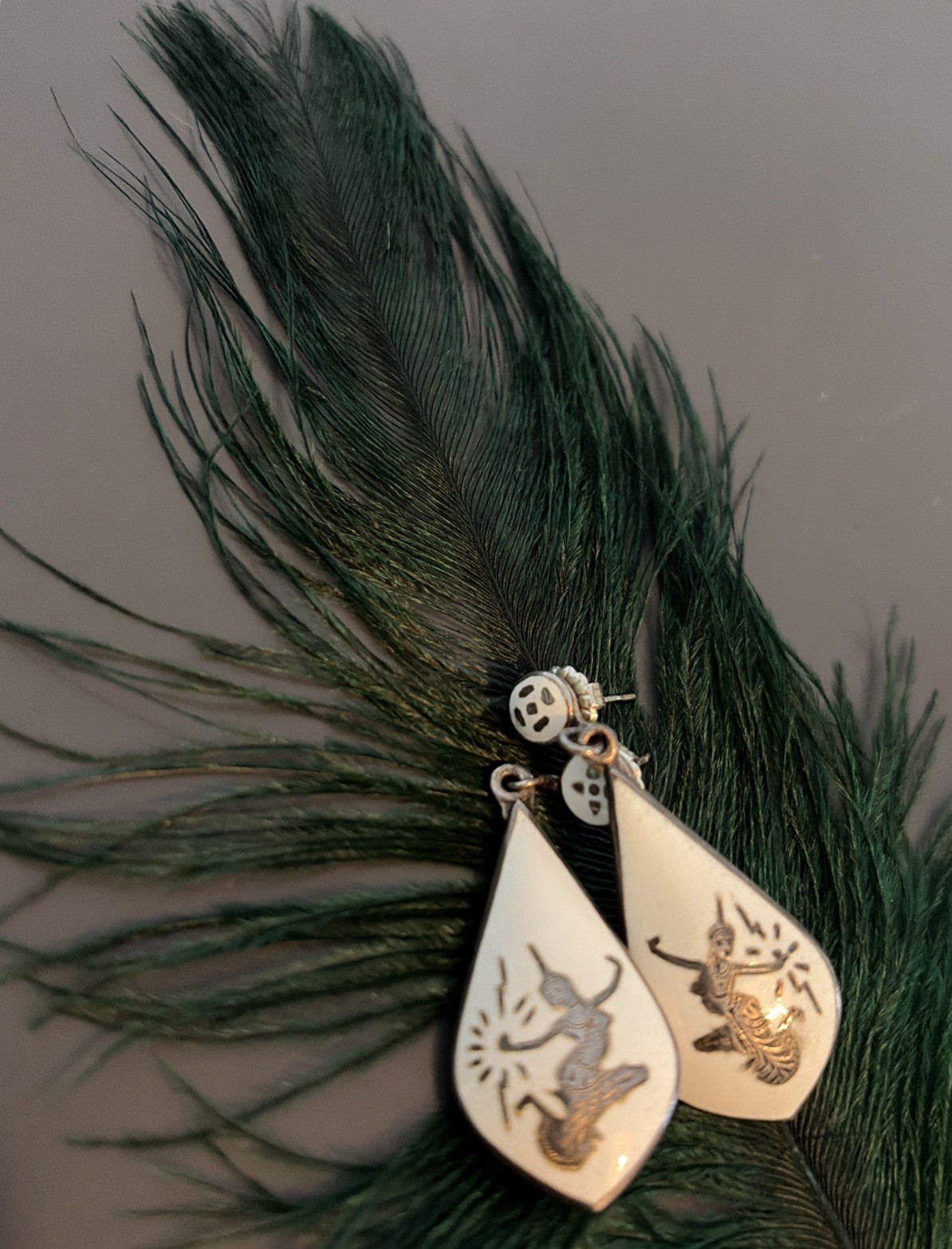 Mid Century Thai Siam Inlaid Sterling Silver White Enamel Earrings Post 4.5”