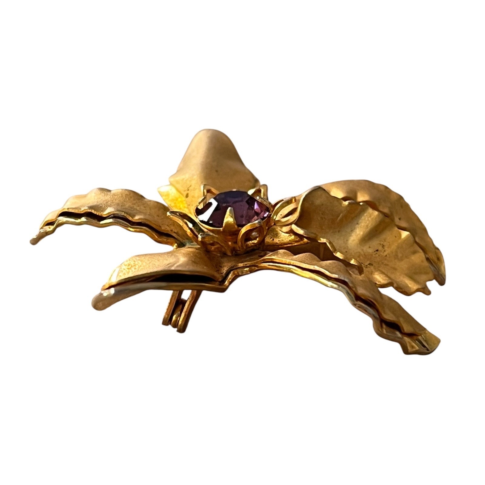 1.5″ Vintage Womens Orchid Flower Gold Tone Brooch Purple Rhinestone