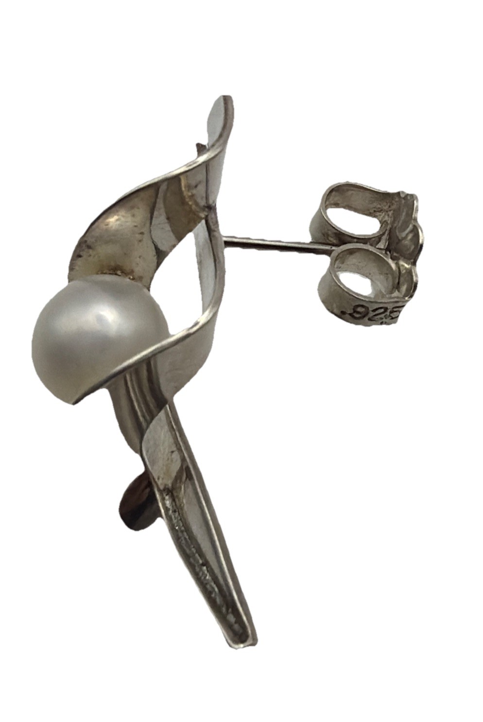 Gerhard Herbst Modernist Sterling Silver And Pearl Ribbon Swirl Post Earrings
