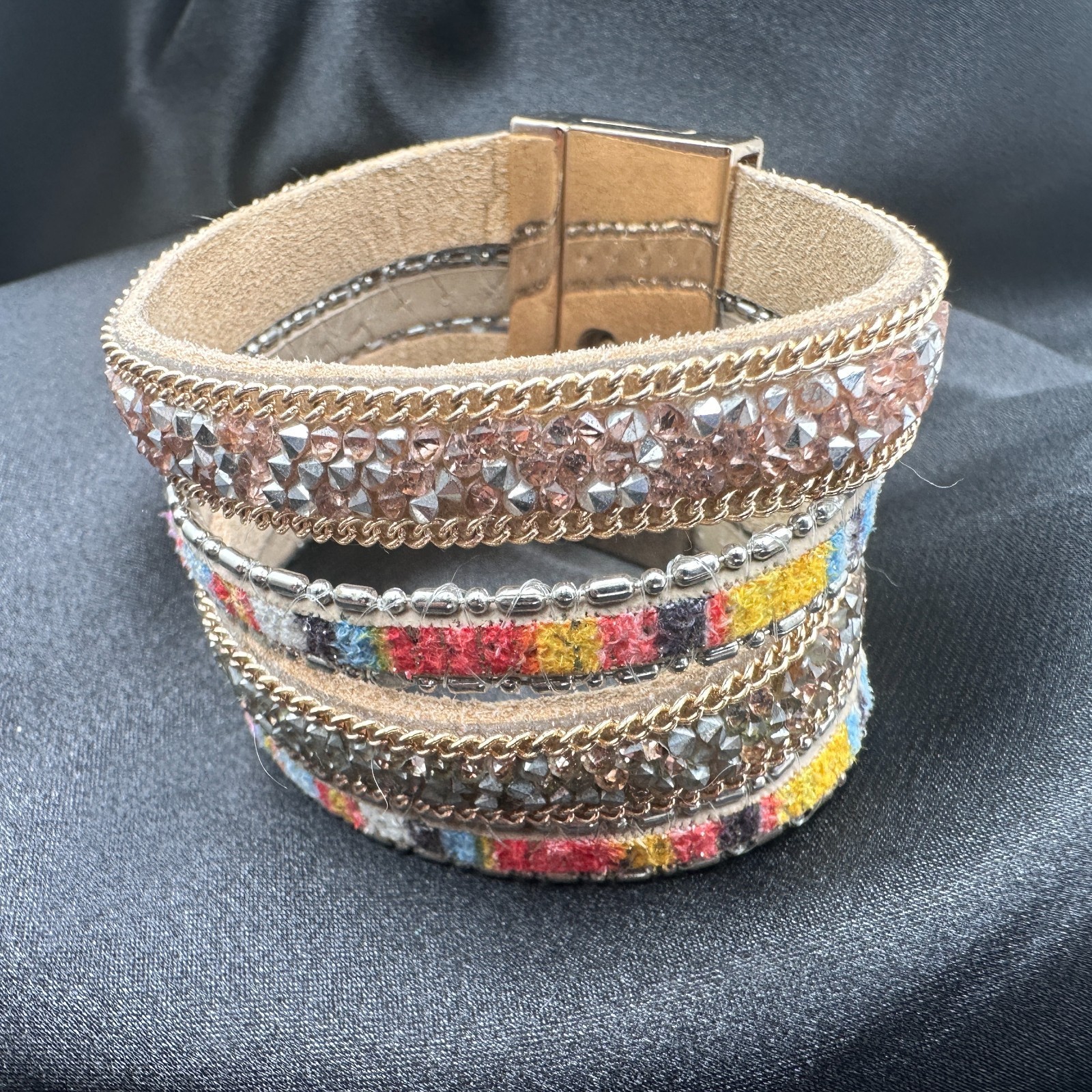 Vintage 90s Multi-Strand Wrap Bracelet Glass Fabric Statement Fashion Jewelry