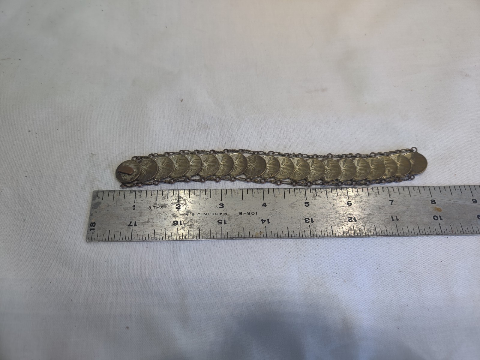 Bracelet, 1956 Mexican 1 Centavo coin is Hand crafted from brass Coins